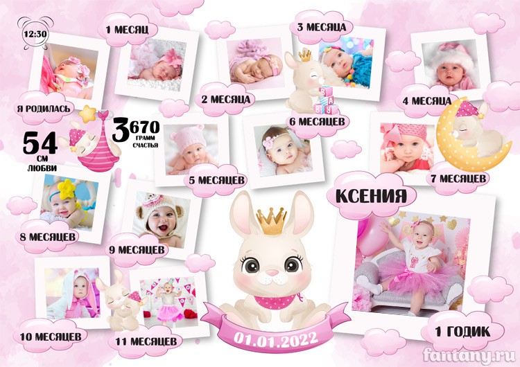 Плакат "1 годик" №29 с зайками для девочки
