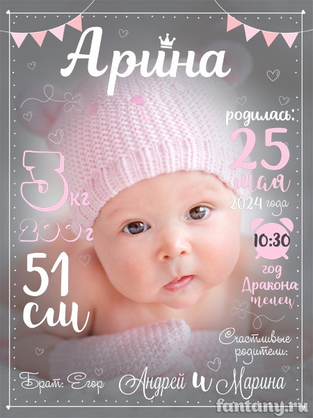 Метрика №115 с фотографией для девочки