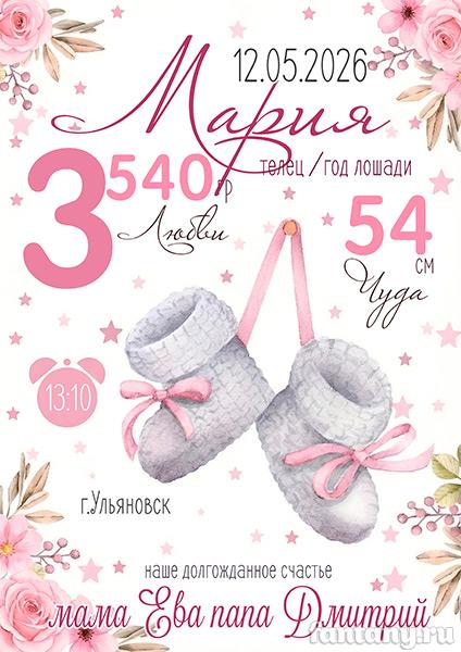 Метрика №121 с пинетками для девочки